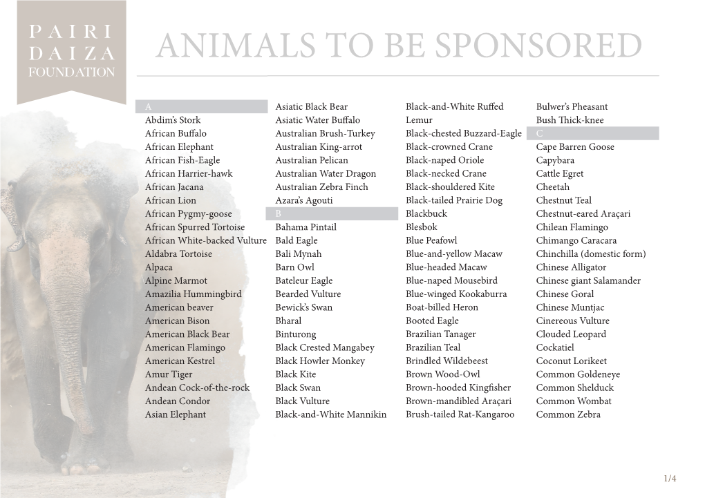 Animals to Be Sponsored