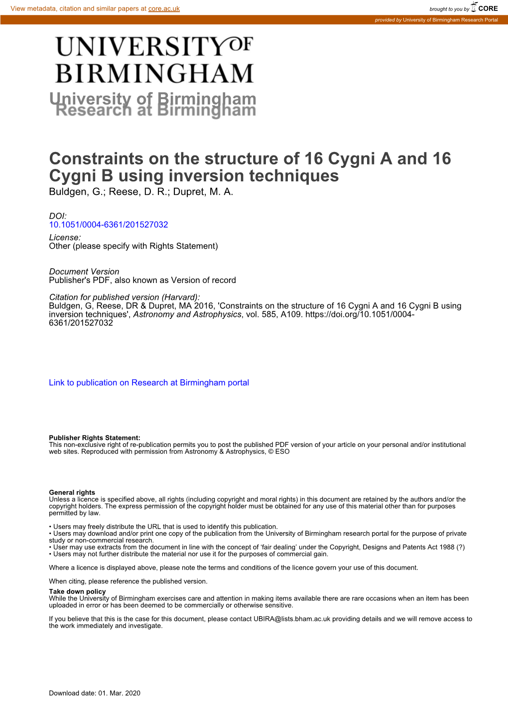 Constraints on the Structure of 16 Cygni a and 16 Cygni B Using Inversion Techniques Buldgen, G.; Reese, D