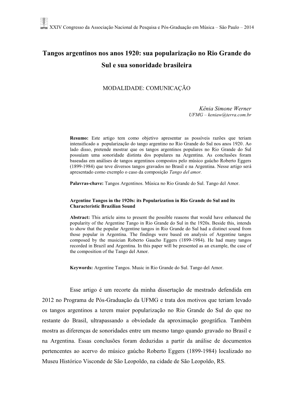 Tangos Argentinos Nos Anos 1920: Sua Popularização No Rio Grande Do Sul E Sua Sonoridade Brasileira