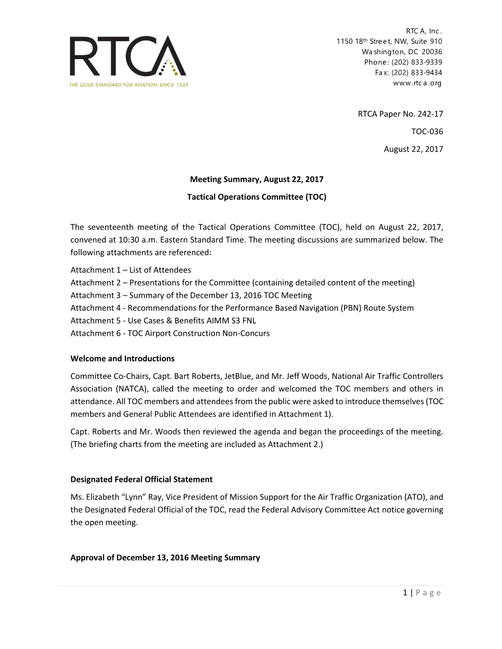 1 | Page RTCA Paper No. 242-17 TOC-036 August 22, 2017 Meeting Summary, August 22, 2017 Tactical Operations Committee (TOC)