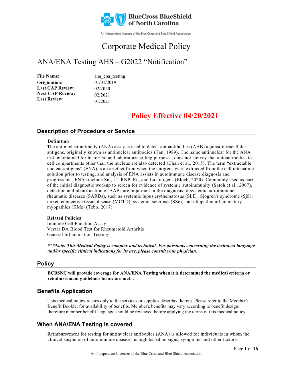 ANA/ENA Testing AHS – G2022 “Notification”