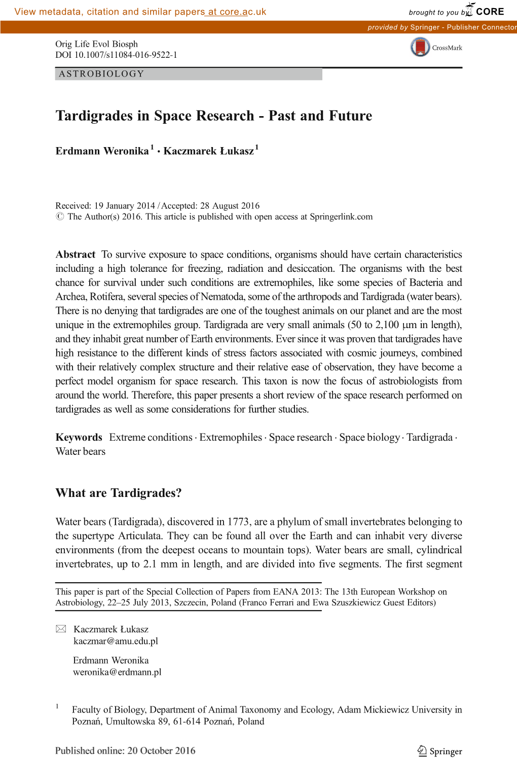 Tardigrades in Space Research - Past and Future