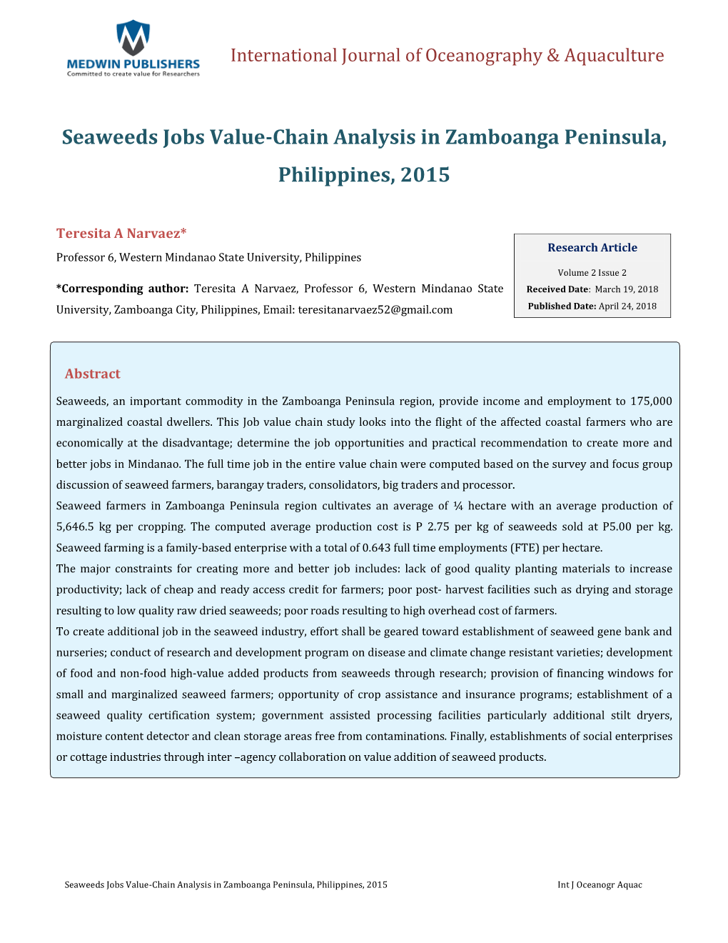 Seaweeds Jobs Value-Chain Analysis in Zamboanga Peninsula, Philippines, 2015