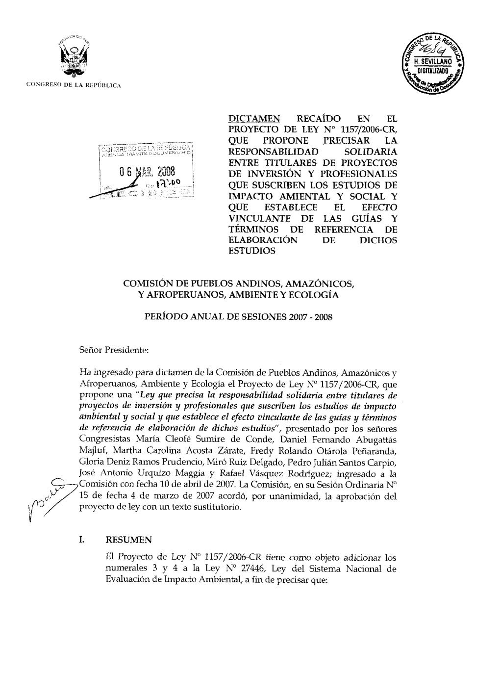 Dictamen (Mayoría) De La Comisión De Pueblos Andinos, Amazónicos Y Afroperuanos, Ambiente Y Ecologíadictamen RECAÍDO EN