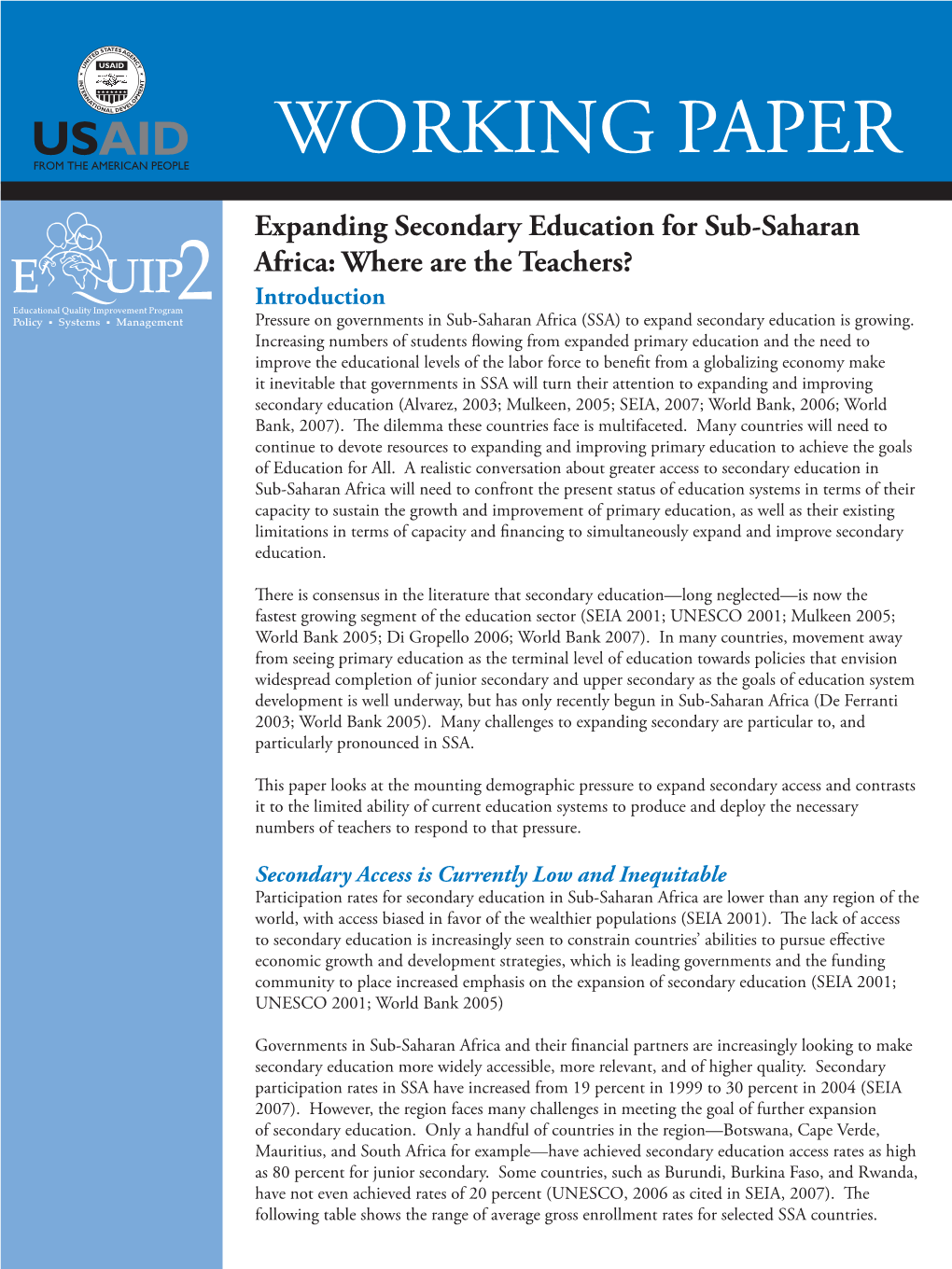 Working Paper: Expanding Secondary Education for Sub-Saharan Africa: Where Are the Teachers?