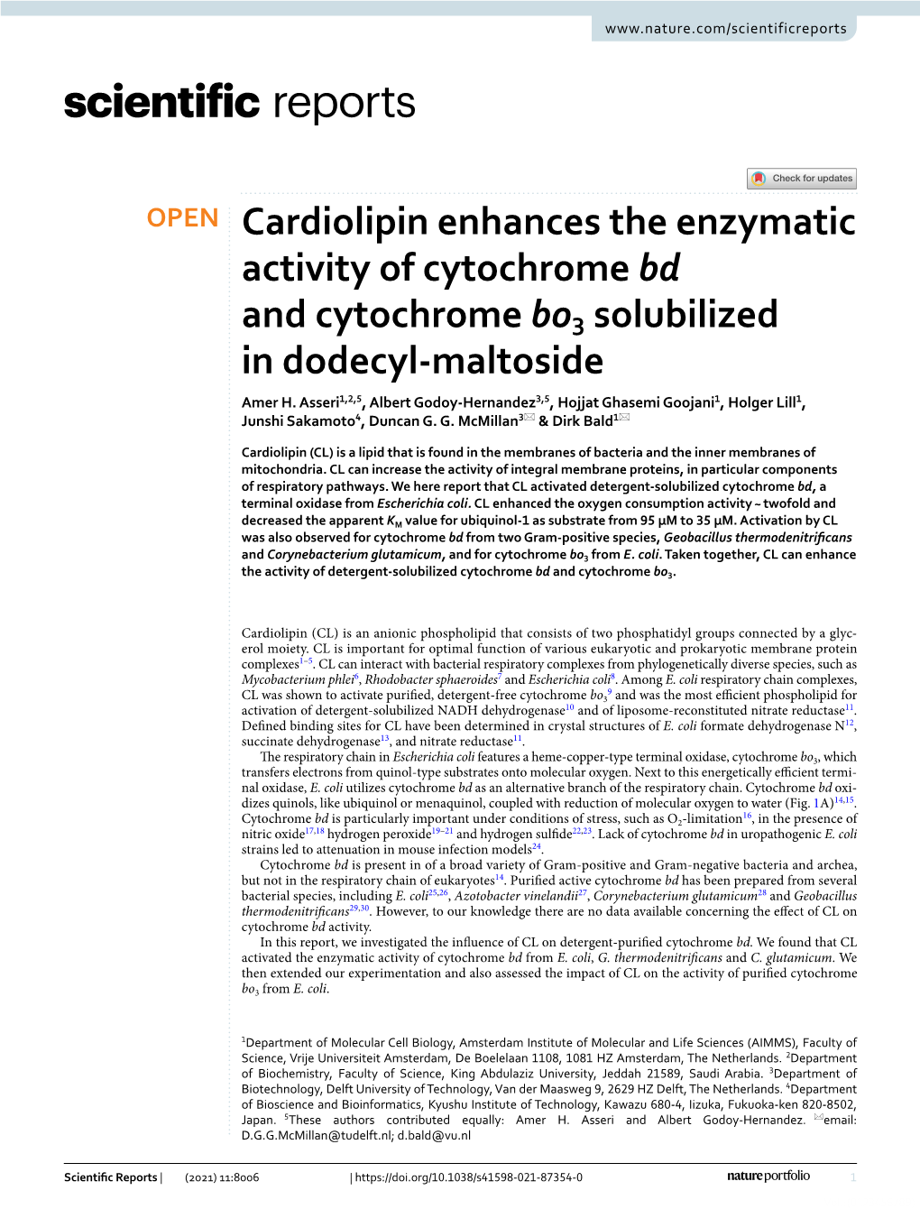Cardiolipin Enhances the Enzymatic Activity of Cytochrome Bd and Cytochrome Bo3 Solubilized in Dodecyl‑Maltoside Amer H