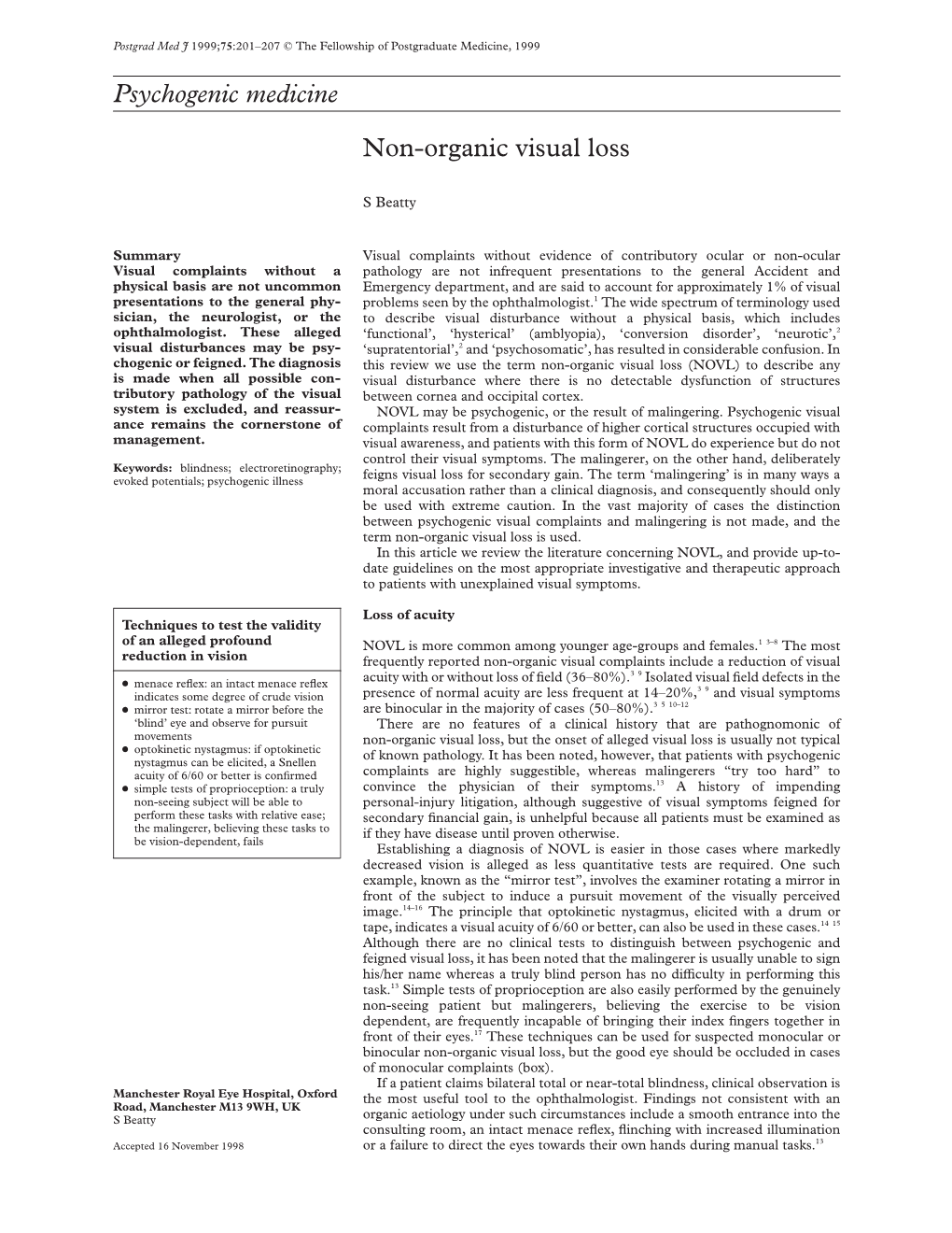 Psychogenic Medicine Non-Organic Visual Loss