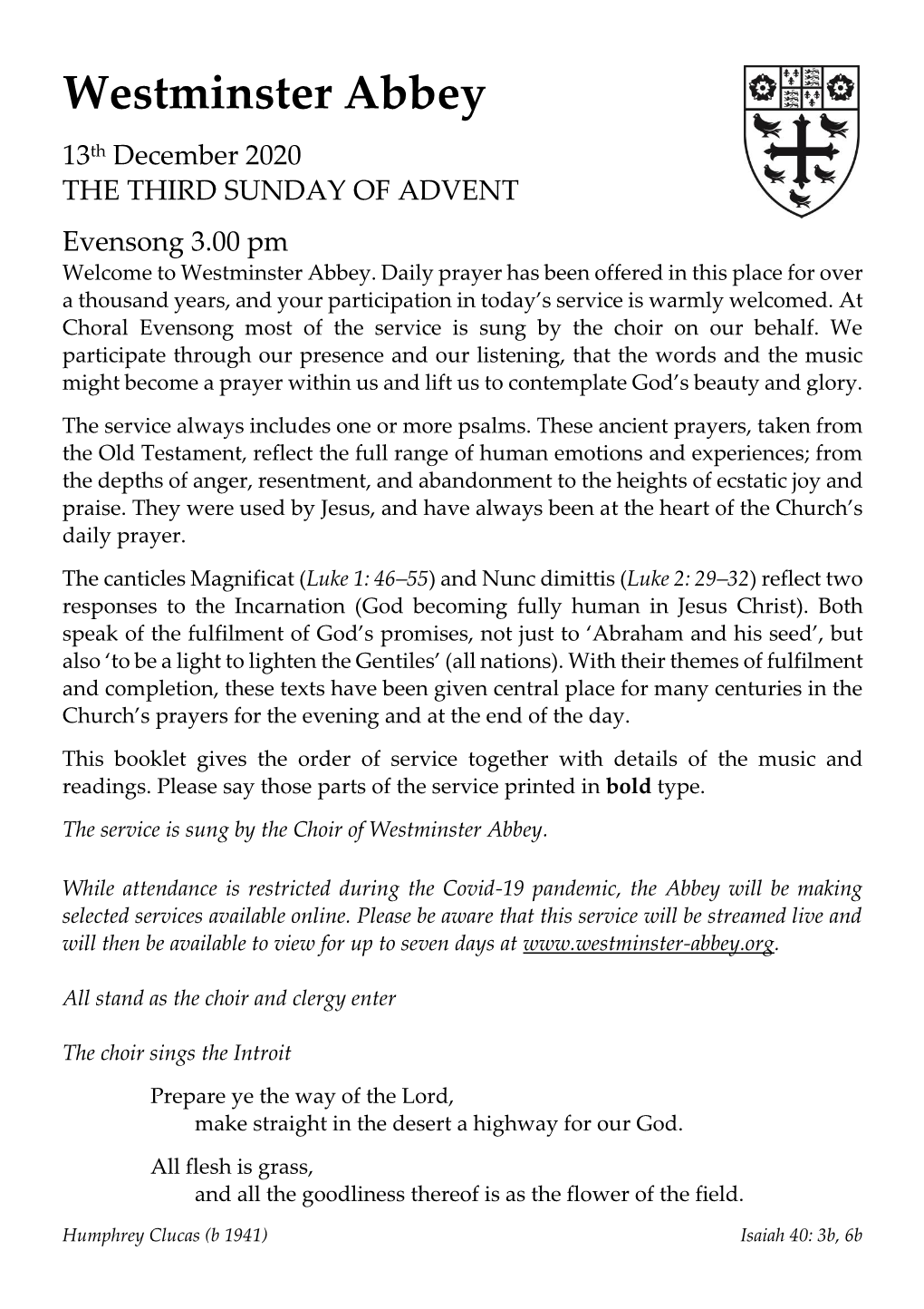 Order of Service for Evensong, 13Th December 2020
