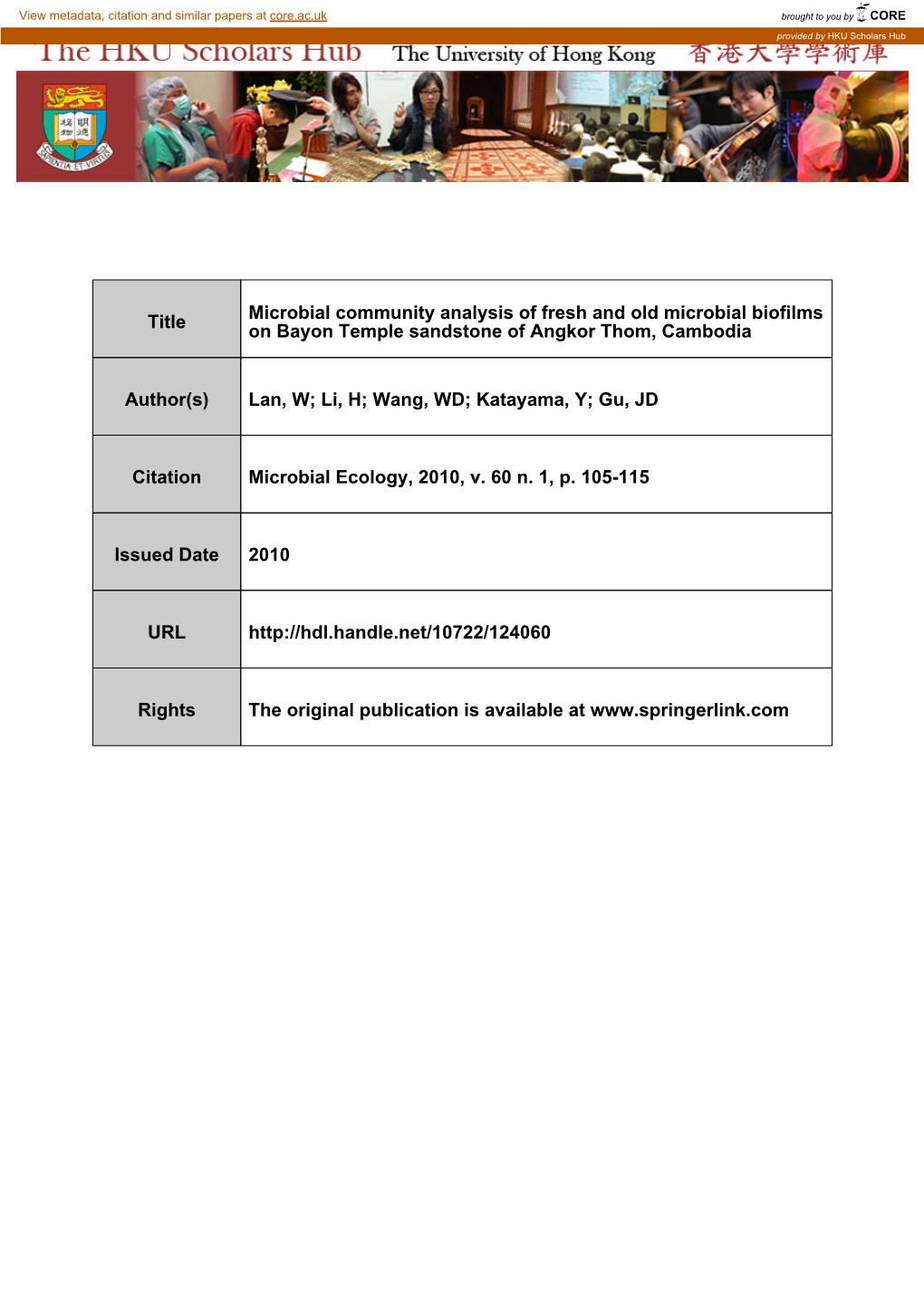 Title Microbial Community Analysis of Fresh and Old Microbial Biofilms On