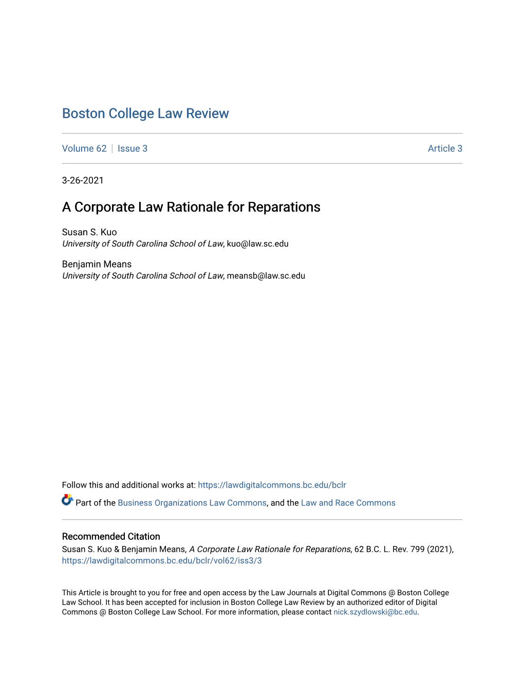 A Corporate Law Rationale for Reparations