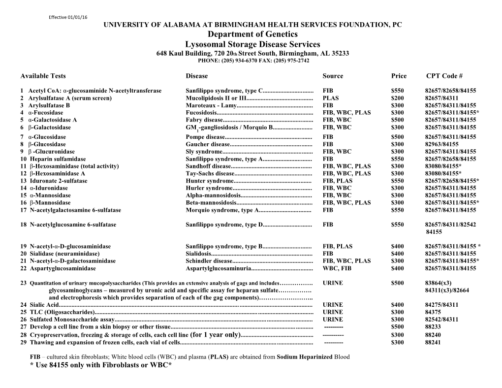 Department of Genetics Lysosomal Storage Disease Services 648 Kaul Building, 720 20Th Street South, Birmingham, AL 35233 PHONE: (205) 934-6370 FAX: (205) 975-2742