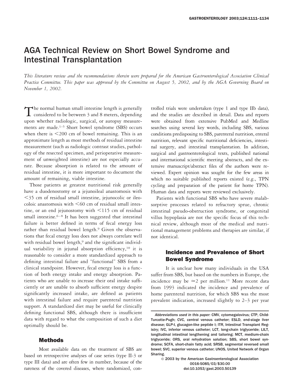 AGA Technical Review on Short Bowel Syndrome and Intestinal Transplantation