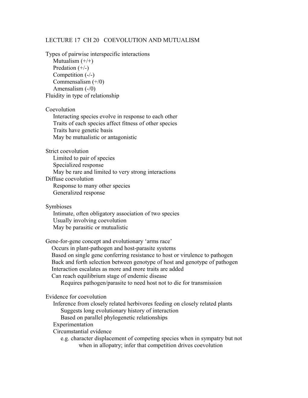 Lecture 18 Ch 20 Coevolution and Mutualism