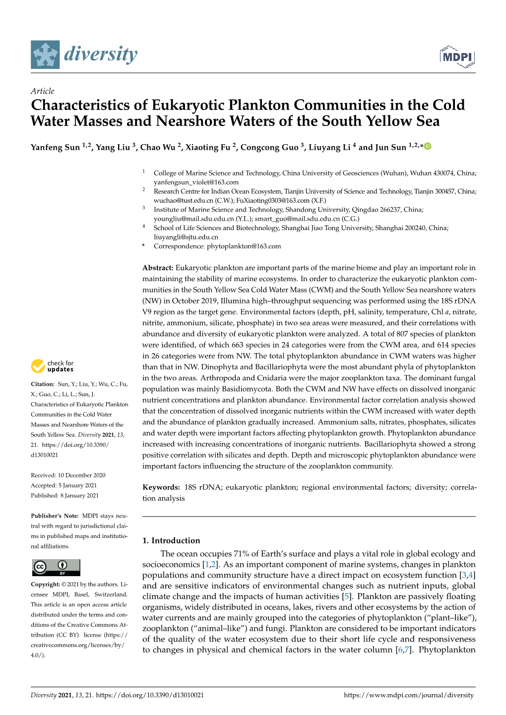 Characteristics of Eukaryotic Plankton Communities in the Cold Water Masses and Nearshore Waters of the South Yellow Sea