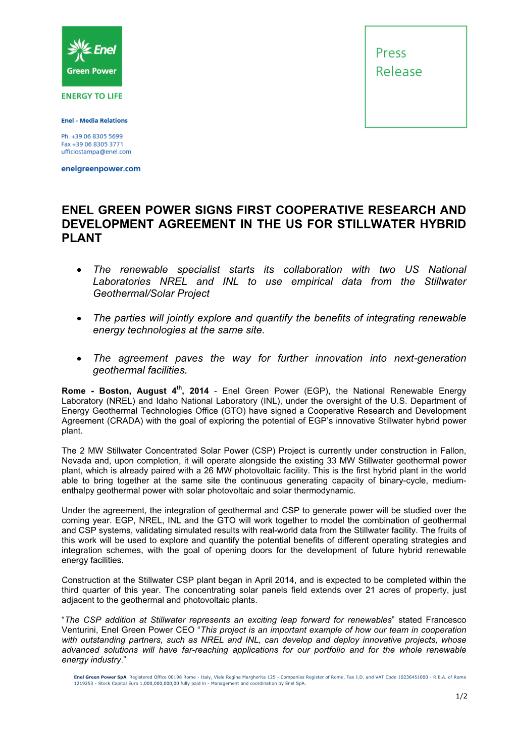 Enel Green Power Signs First Cooperative Research and Development Agreement in the Us for Stillwater Hybrid Plant