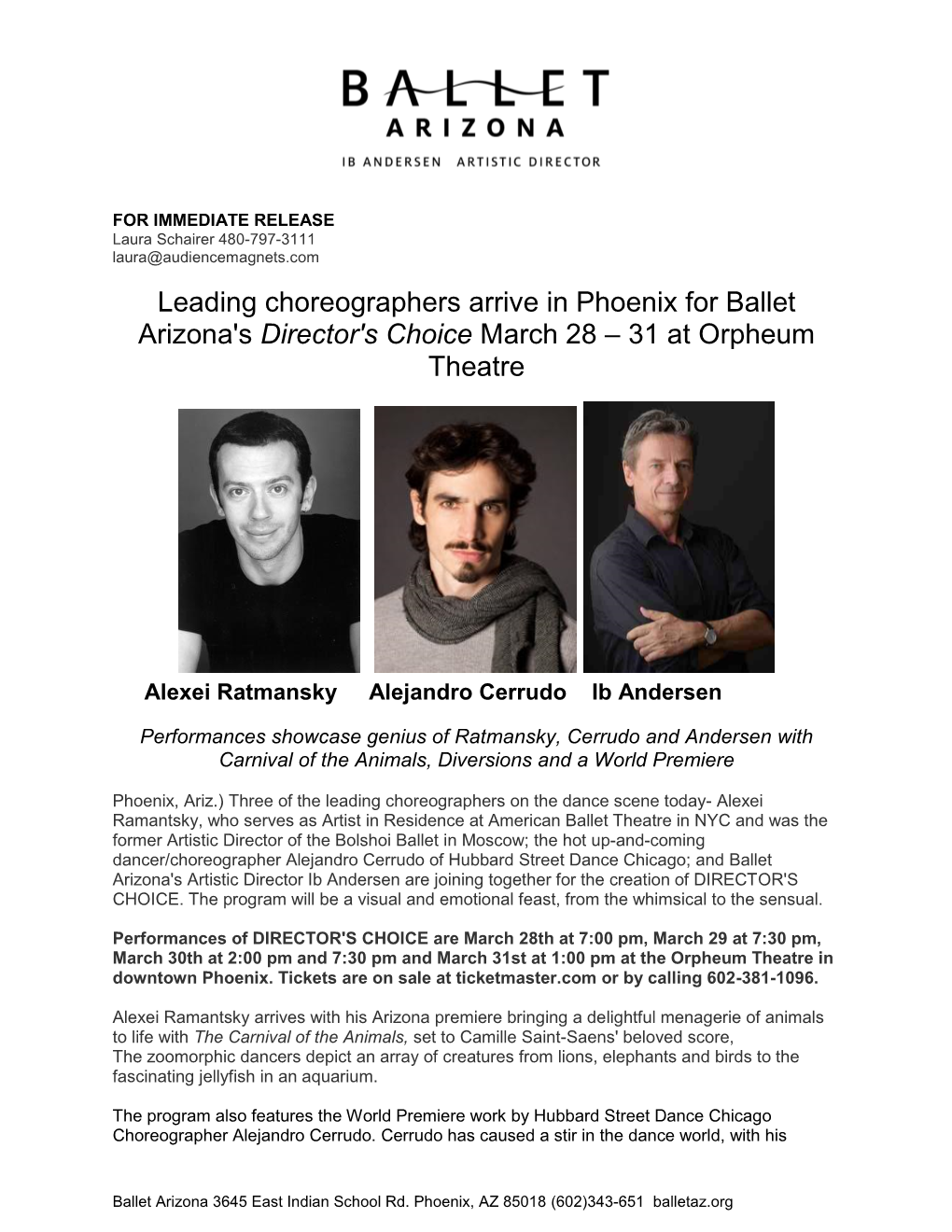 Leading Choreographers Arrive in Phoenix for Ballet Arizona's Director's Choice March 28 – 31 at Orpheum Theatre