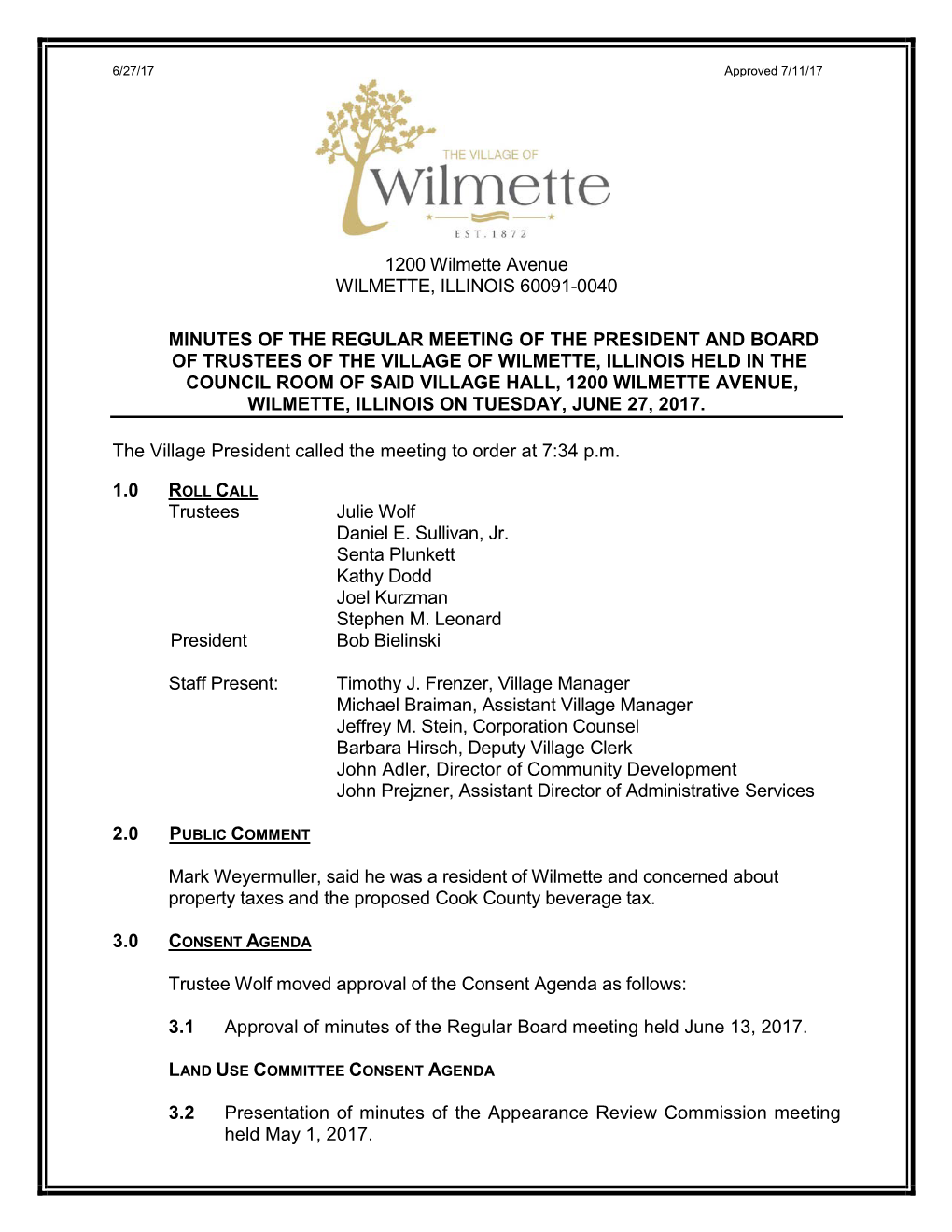 Agenda for the Regular Meeting of the President and Board of Trustees