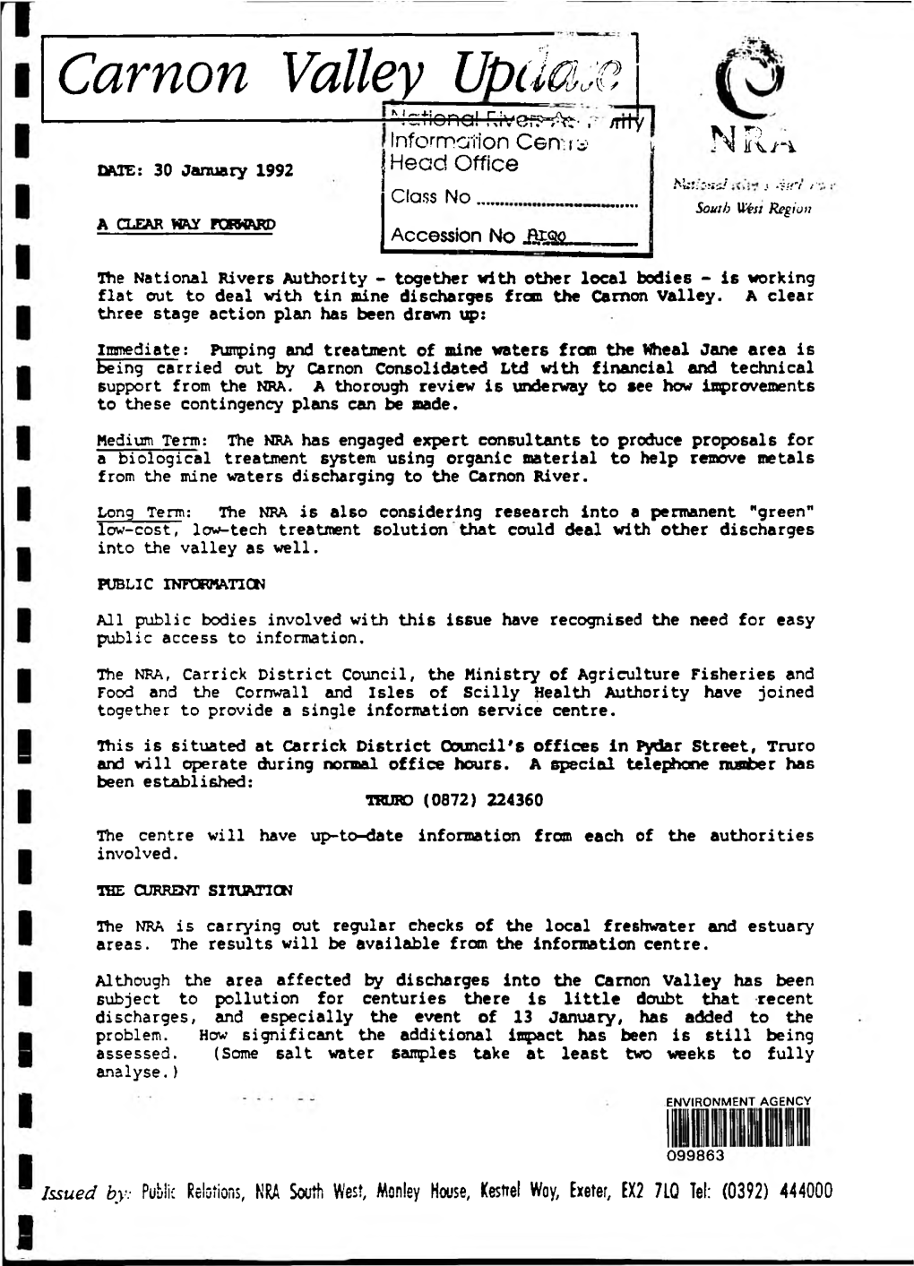 Carnon Valley Update \ — ------, Vctionai Rjvefp-At-, Jrrty I K T ^ Infomnaiion Cen-R^ ^ !%! R/-I DATE: 30 January 1992 | H© O D Offic© /'Kj