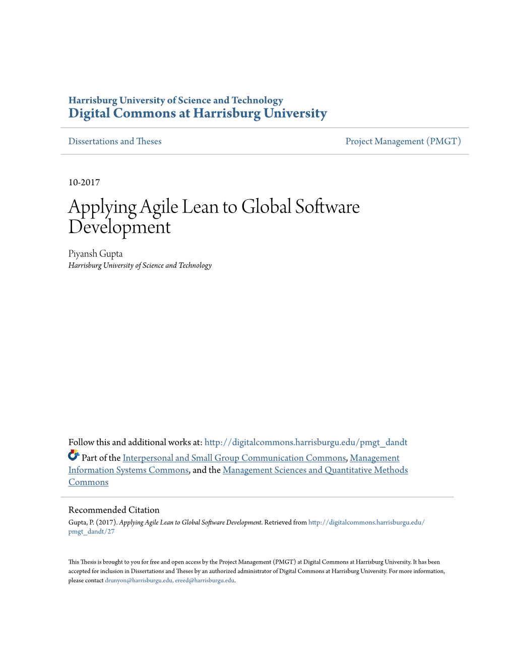 Applying Agile Lean to Global Software Development Piyansh Gupta Harrisburg University of Science and Technology