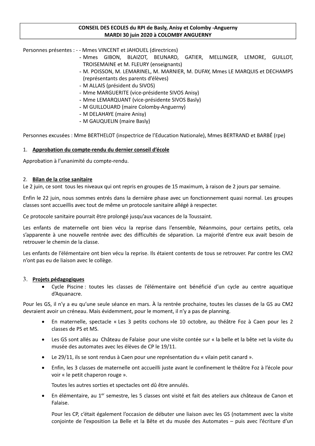 CR 3Ème Conseil Du RPI Colomby Anguerny Anisy Basly