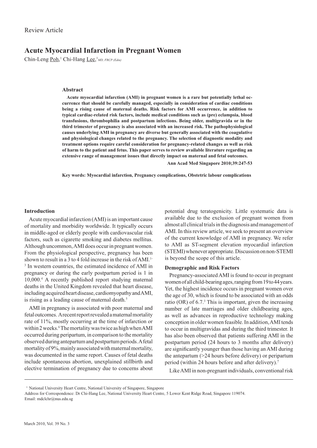 Acute Myocardial Infarction in Pregnant Women 1 1 Chin-Leng Poh, Chi-Hang Lee, MD, FRCP (Edin)