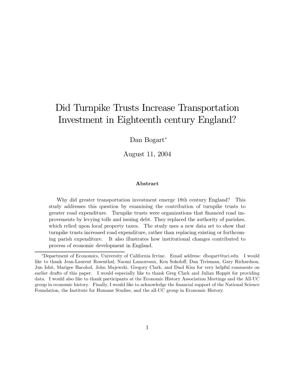 Did Turnpike Trusts Increase Transportation Investment in Eighteenth Century England?