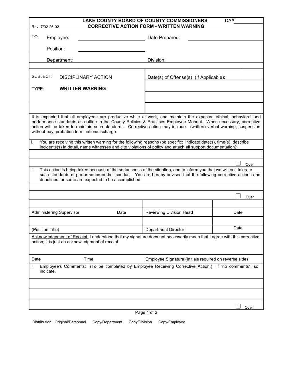 Corrective Action Form (Firefighters and Lieutenants Only) - Written Warning