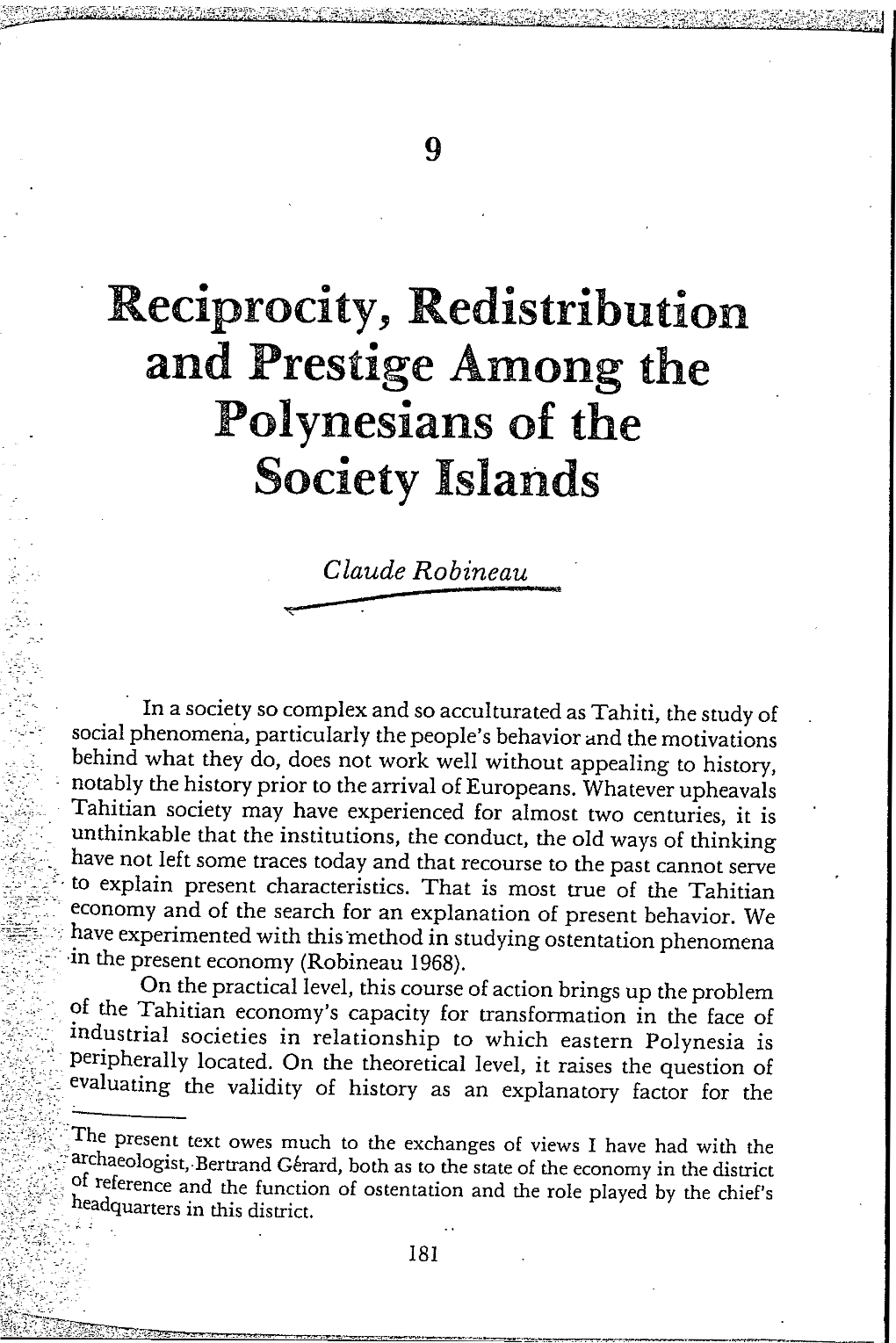 Reciprocity, Redistribution and Prestige Among the Polynesians of the Society Islands