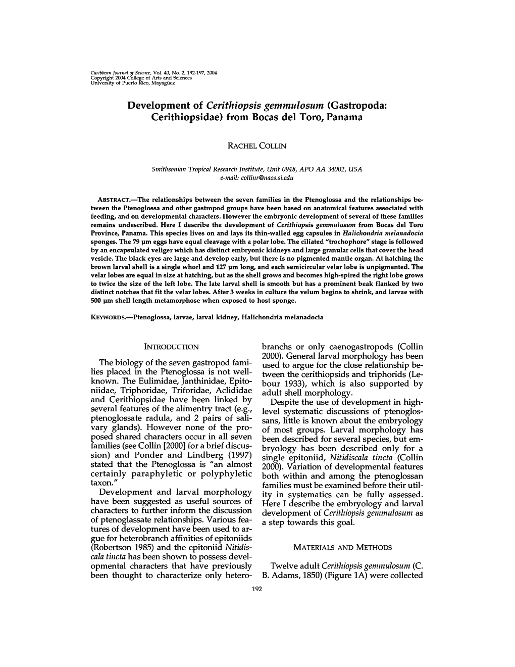 Development of Cerithiopsis Getntnulosutn (Gastropoda: Cerithiopsidae) from Bocas Del Toro, Panama