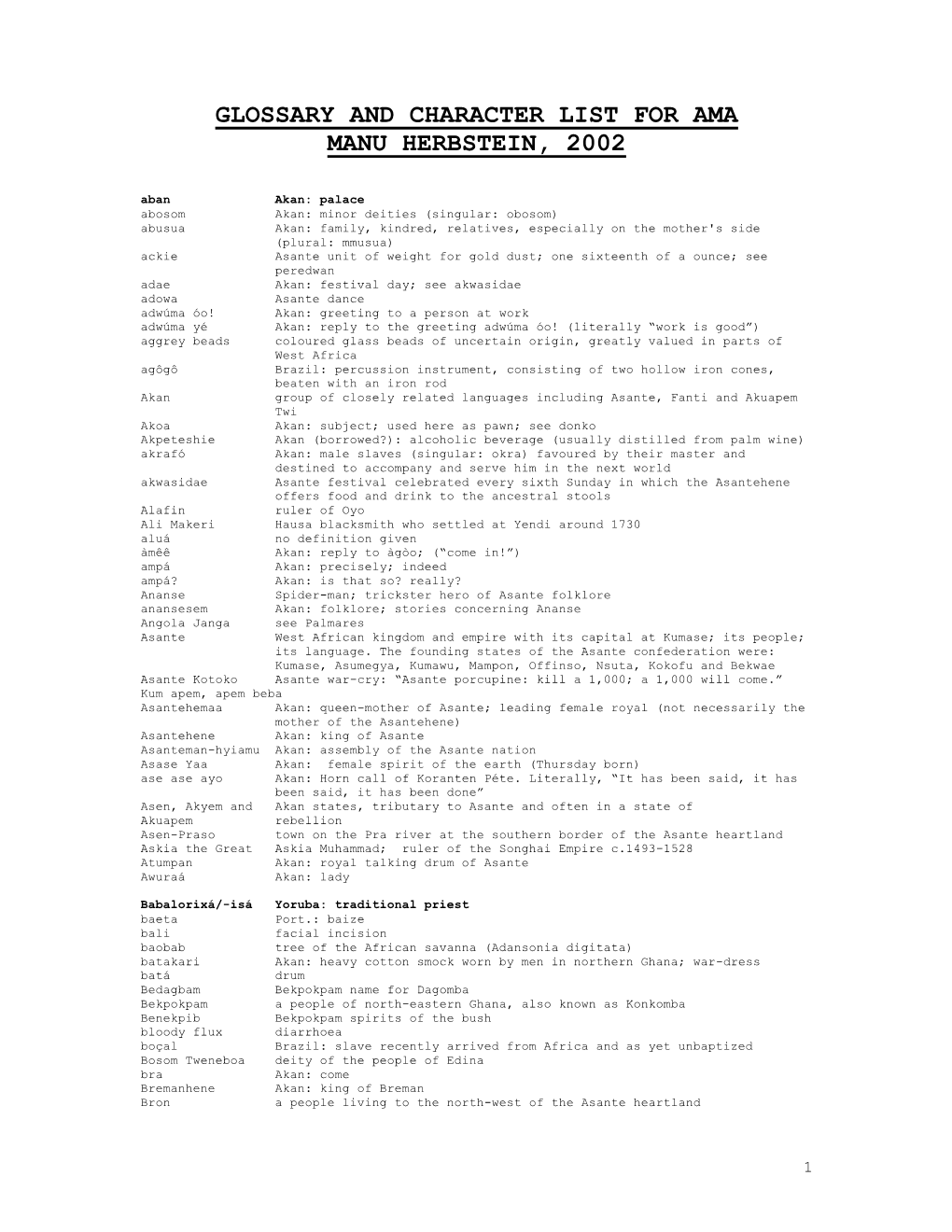 Glossary for Ama, Compiled and Placed Online by Manu Herstein, 2002