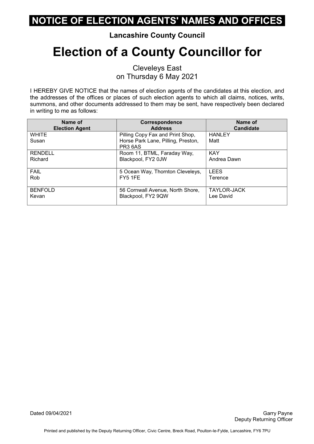 Notice of Election Agents for LCC 2021 Election