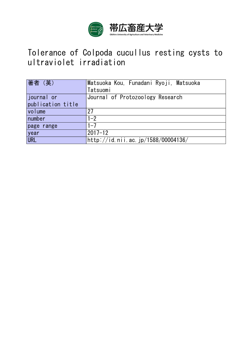 Tolerance of Colpoda Cucullus Resting Cysts to Ultraviolet Irradiation