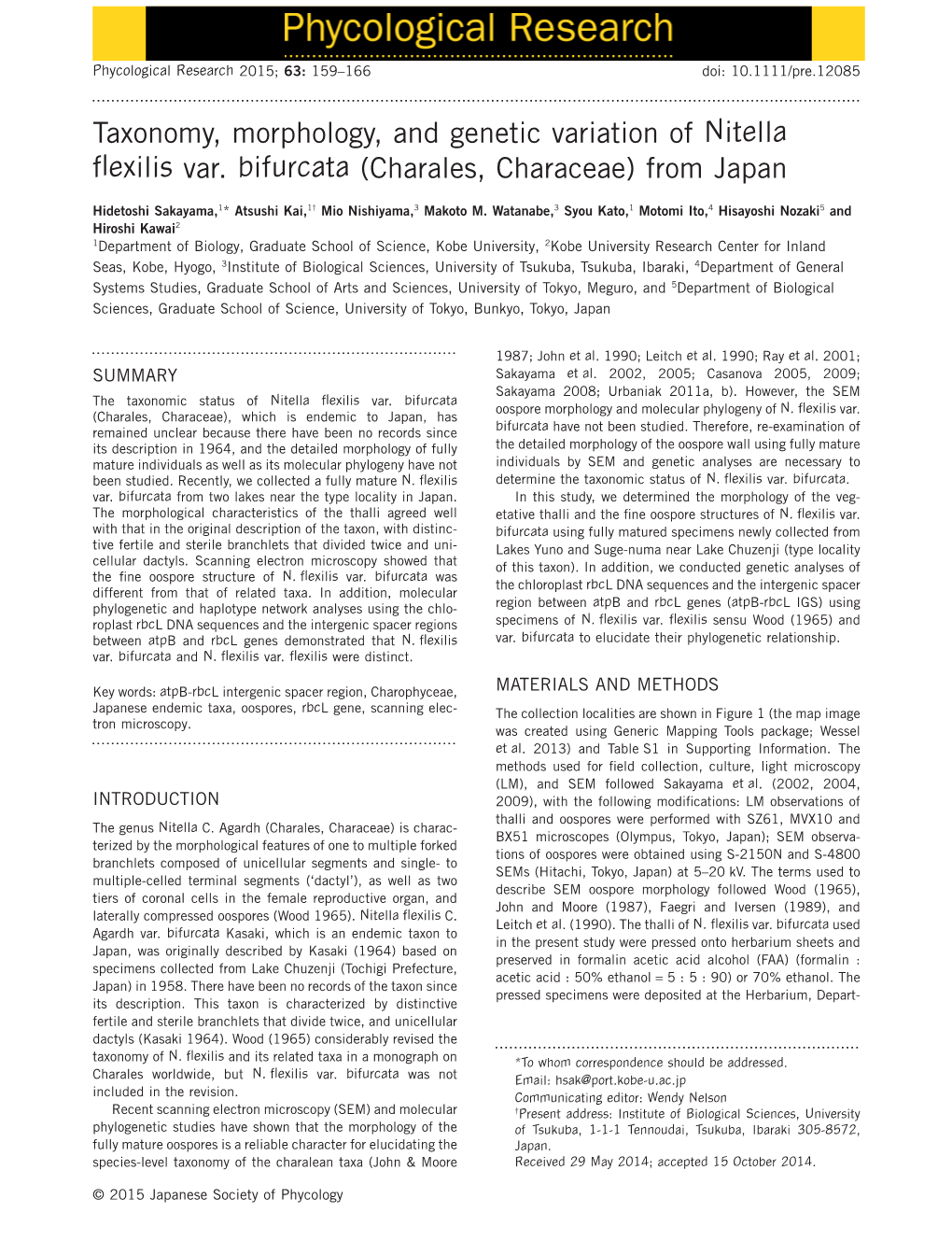 Taxonomy, Morphology, and Genetic Variation of Nitella Flexilis Var