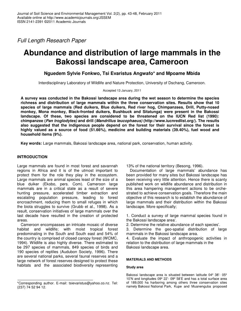 Abundance and Distribution of Large Mammals in the Bakossi Landscape Area, Cameroon