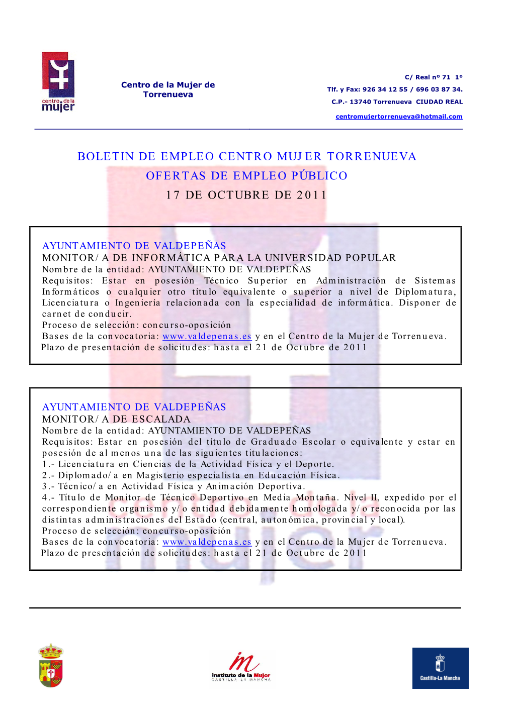 Boletin De Empleo Centro Mujer Torrenueva Ofertas De Empleo Público 17 De Octubre De 2011