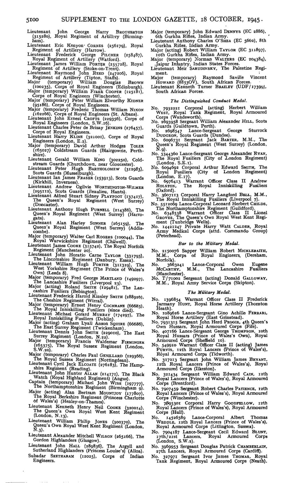 5Ioo SUPPLEMENT to the LONDON GAZETTE, 18 OCTOBER, 1945