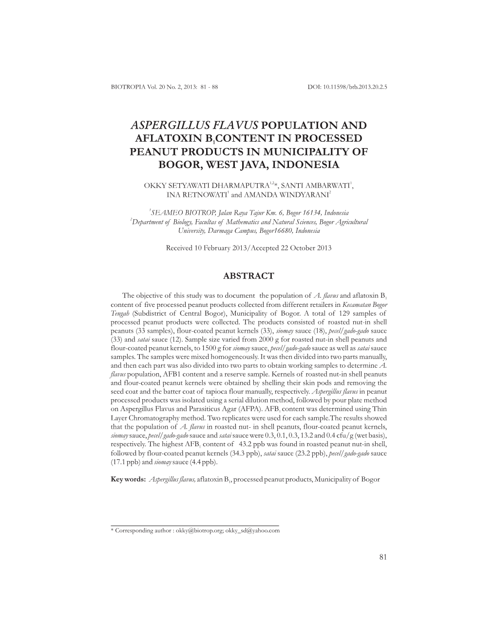 Aspergillus Flavus Population and Aflatoxin B Content in Processed