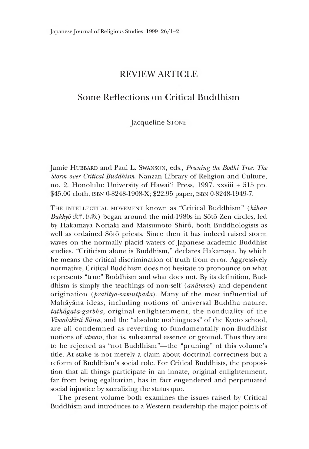 REVIEW ARTICLE Some Reflections on Critical Buddhism