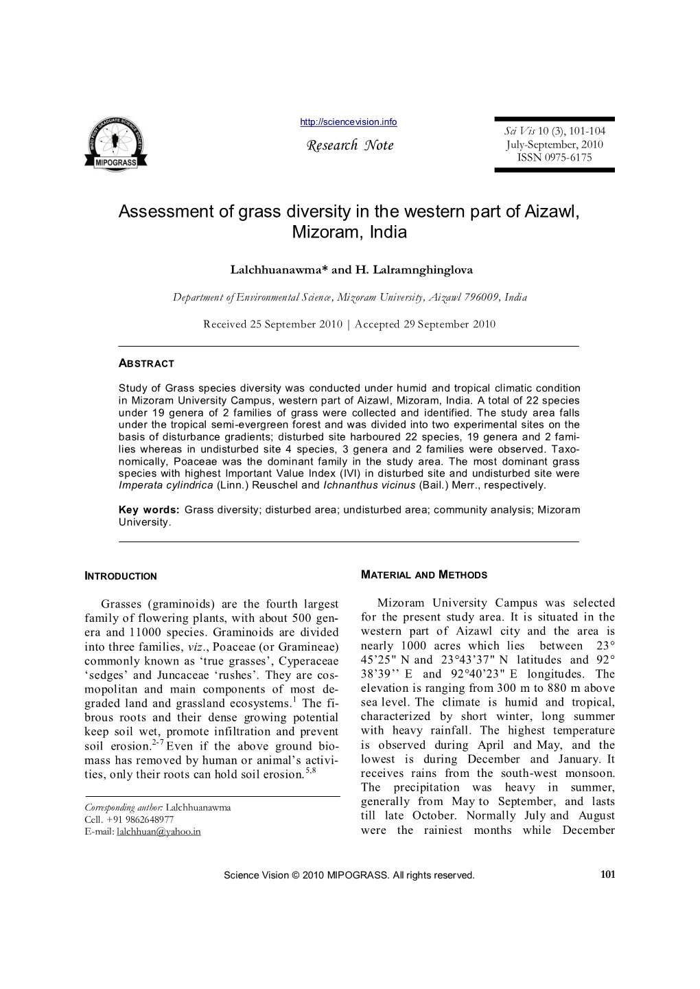 Assessment of Grass Diversity in the Western Part of Aizawl, Mizoram, India