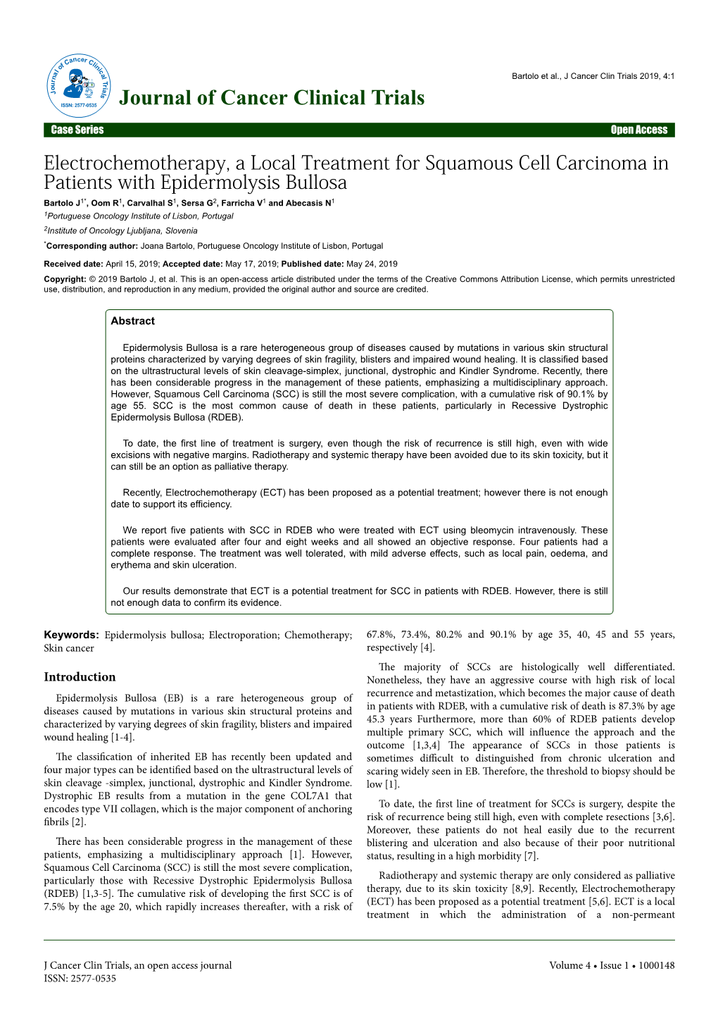 Electrochemotherapy, a Local Treatment for Squamous Cell Carcinoma in Patients with Epidermolysis Bullosa