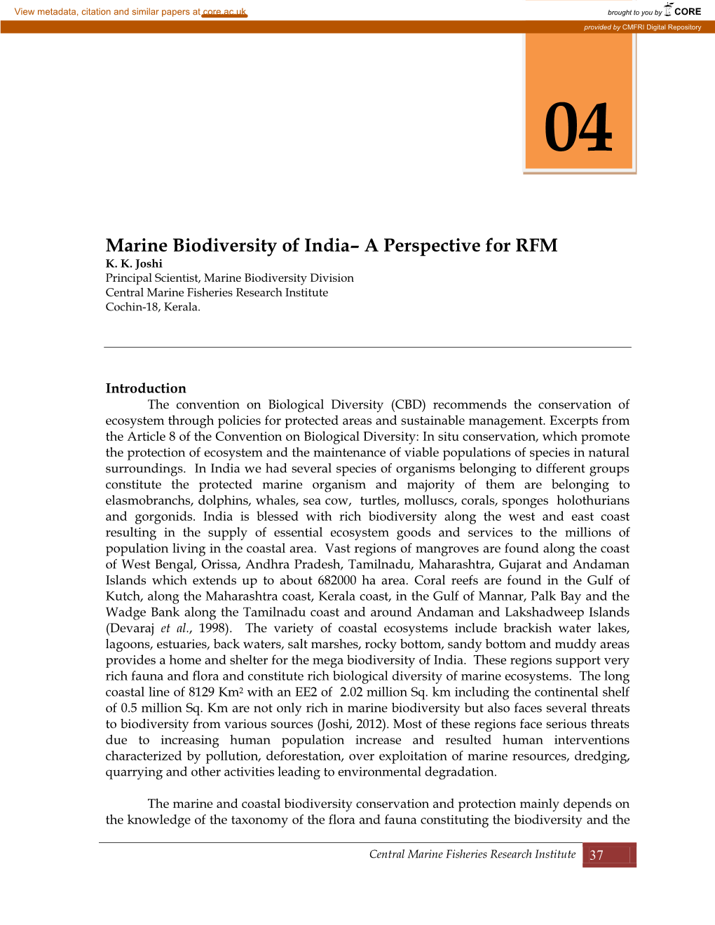 Marine Biodiversity of India– a Perspective for RFM K