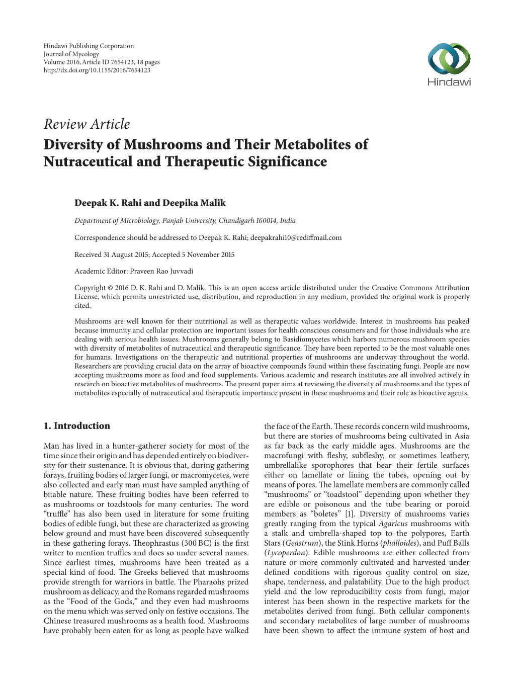 Review Article Diversity of Mushrooms and Their Metabolites of Nutraceutical and Therapeutic Significance