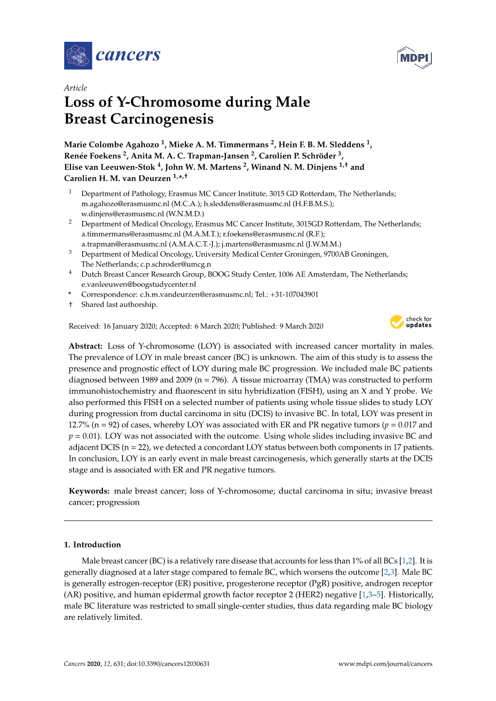 Loss of Y-Chromosome During Male Breast Carcinogenesis