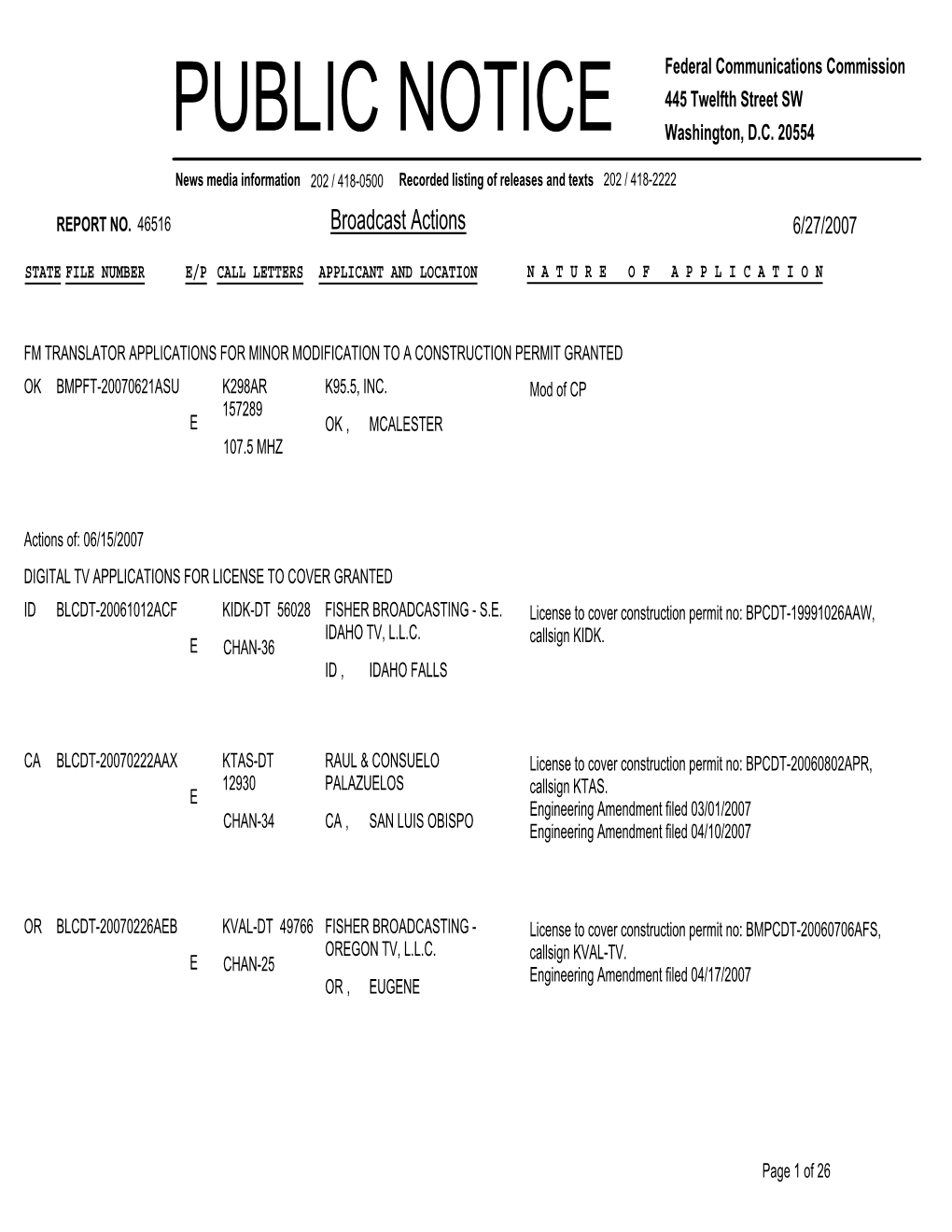 Broadcast Actions 6/27/2007