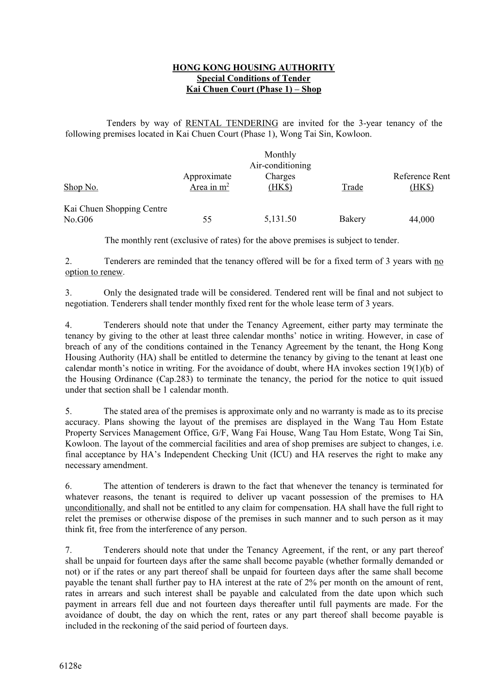 Special Conditions of Tender Kai Chuen Court (Phase 1) – Shop