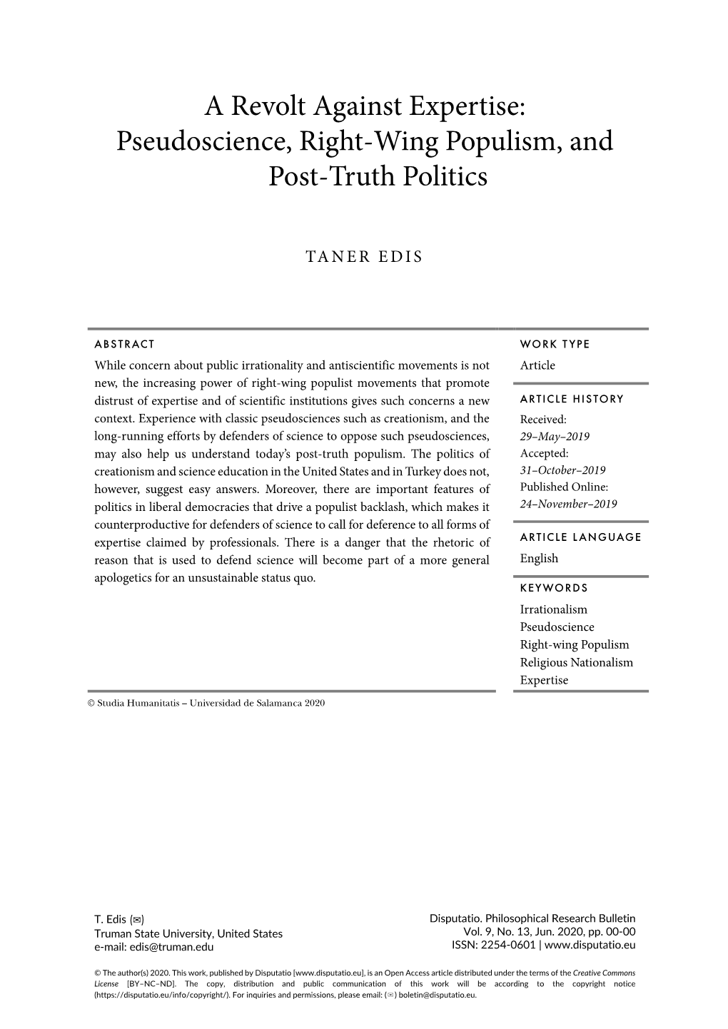 Pseudoscience, Right-Wing Populism, and Post-Truth Politics