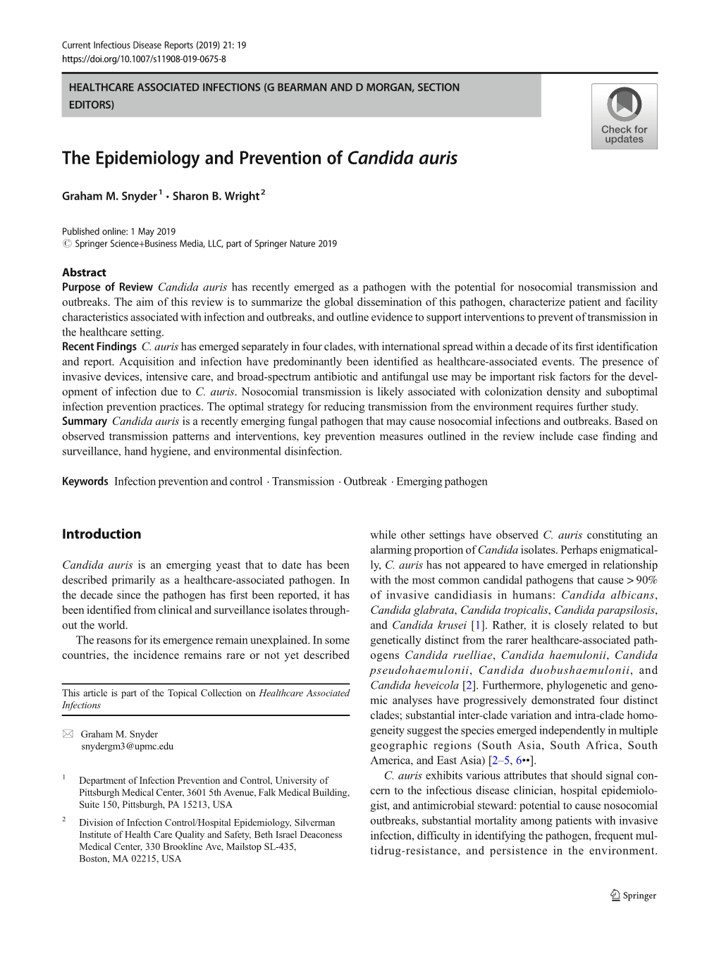 The Epidemiology and Prevention of Candida Auris