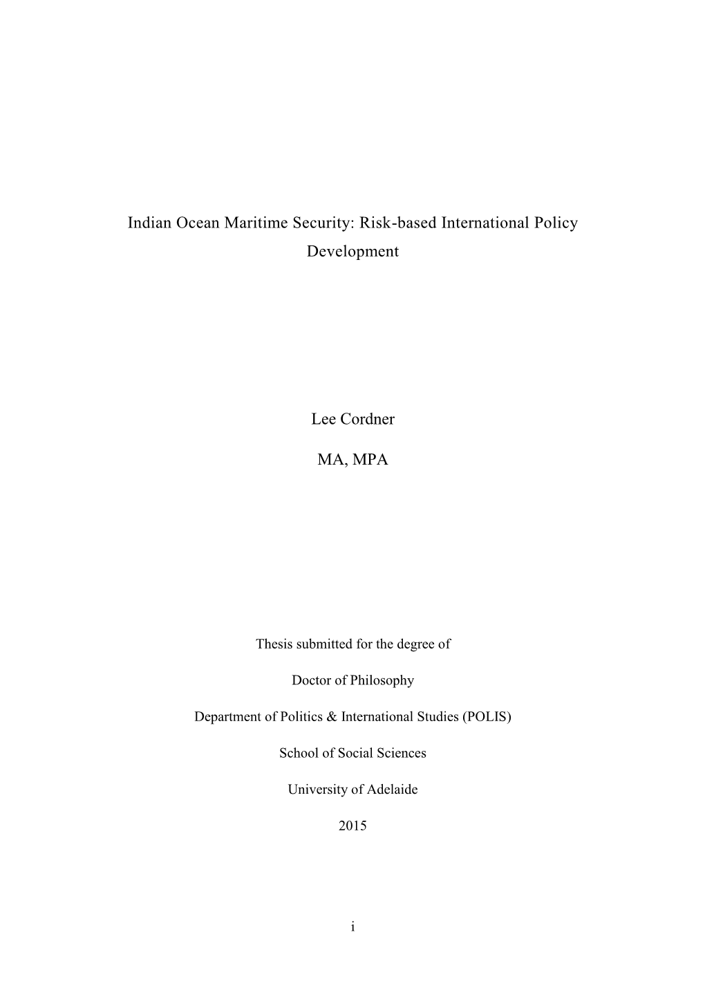 Indian Ocean Maritime Security: Risk-Based International Policy Development