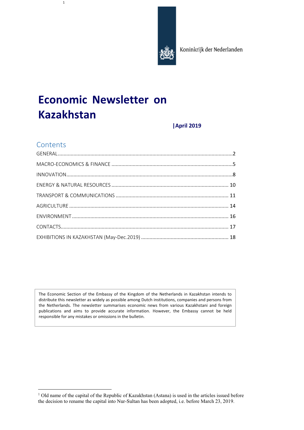 Economic Newsletter on Kazakhstan Appears Every Month and Is Distributed by E-Mail