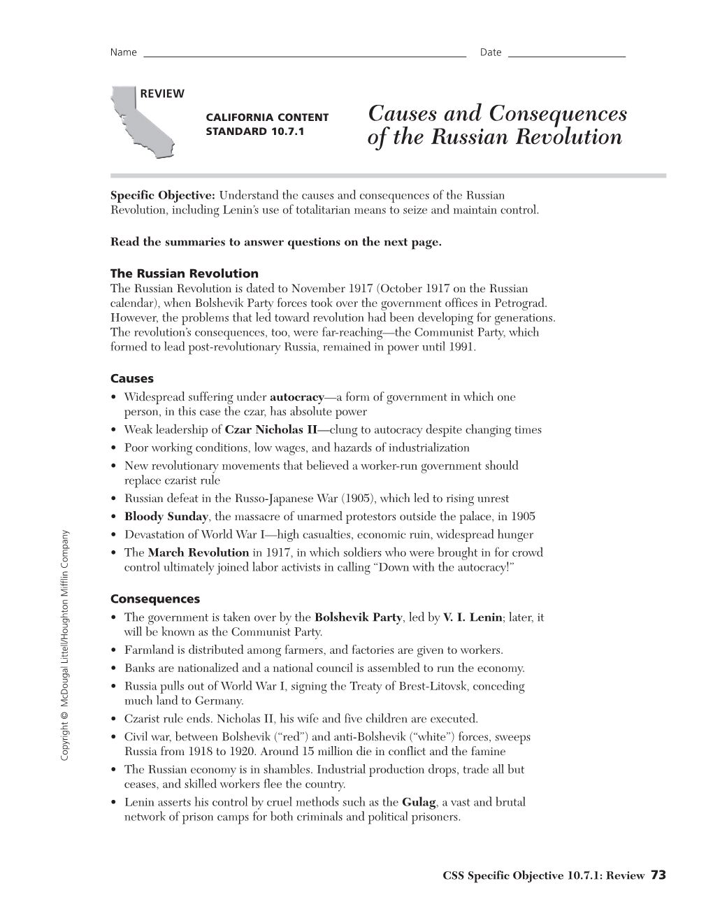 Causes and Consequences of the Russian Revolution, Including Lenin’S Use of Totalitarian Means to Seize and Maintain Control